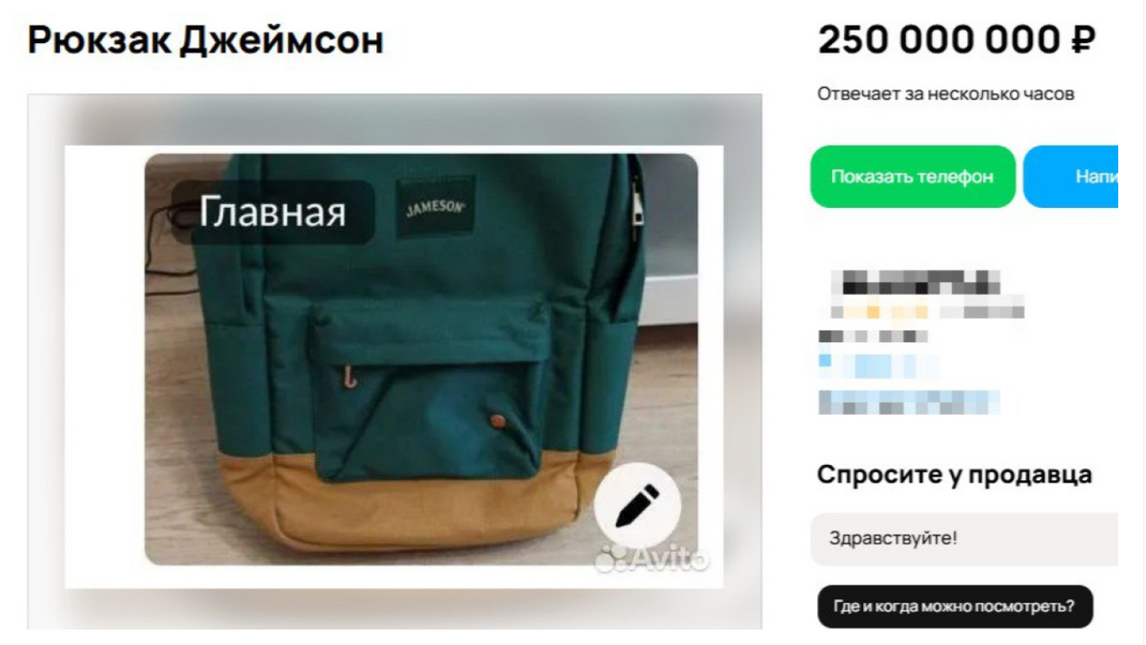 В Самаре на Avito хотят продать рюкзак Jameson за 250 млн рублей В Самарской области на сайте Avito появилось об...