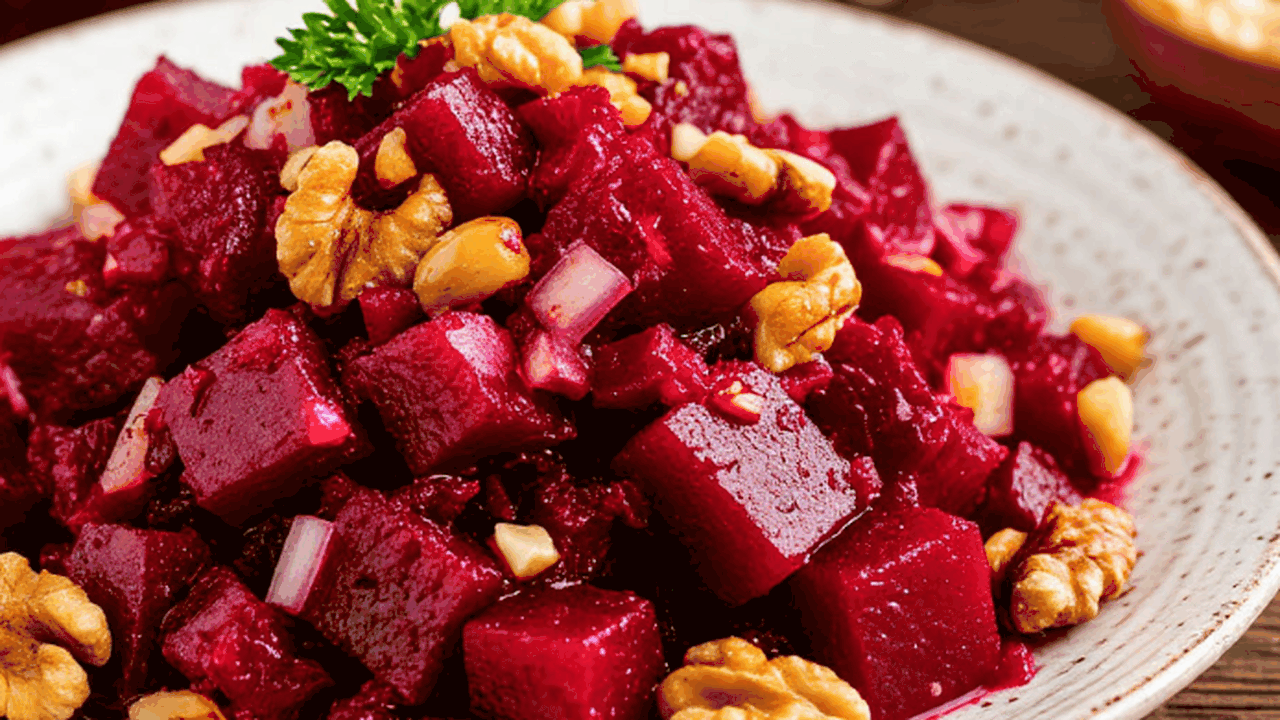 Грузинский салат из свёклы с грецкими орехами, ...