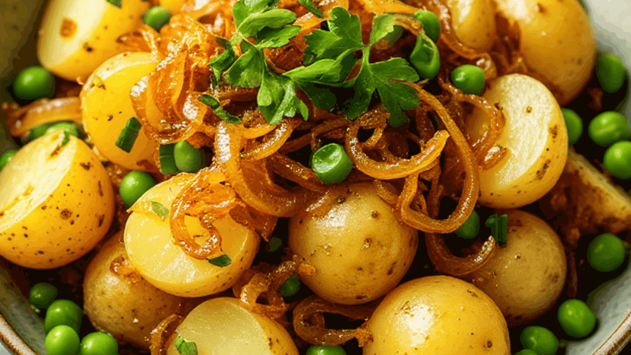 Салат из картофеля с жареным луком, маринованными огурцами и горошком - просто очень вкусно Простой рецепт картофельного салата с жареным л...