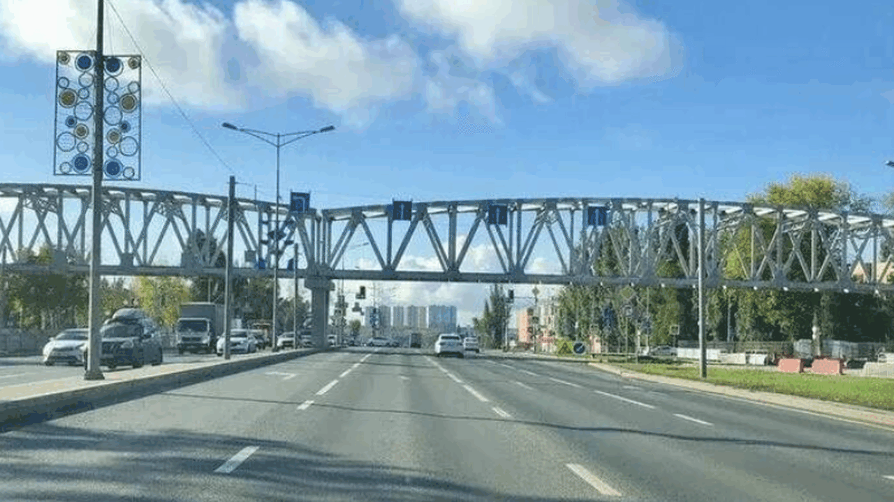 Надземный пешеходный переход, расположенный в п...