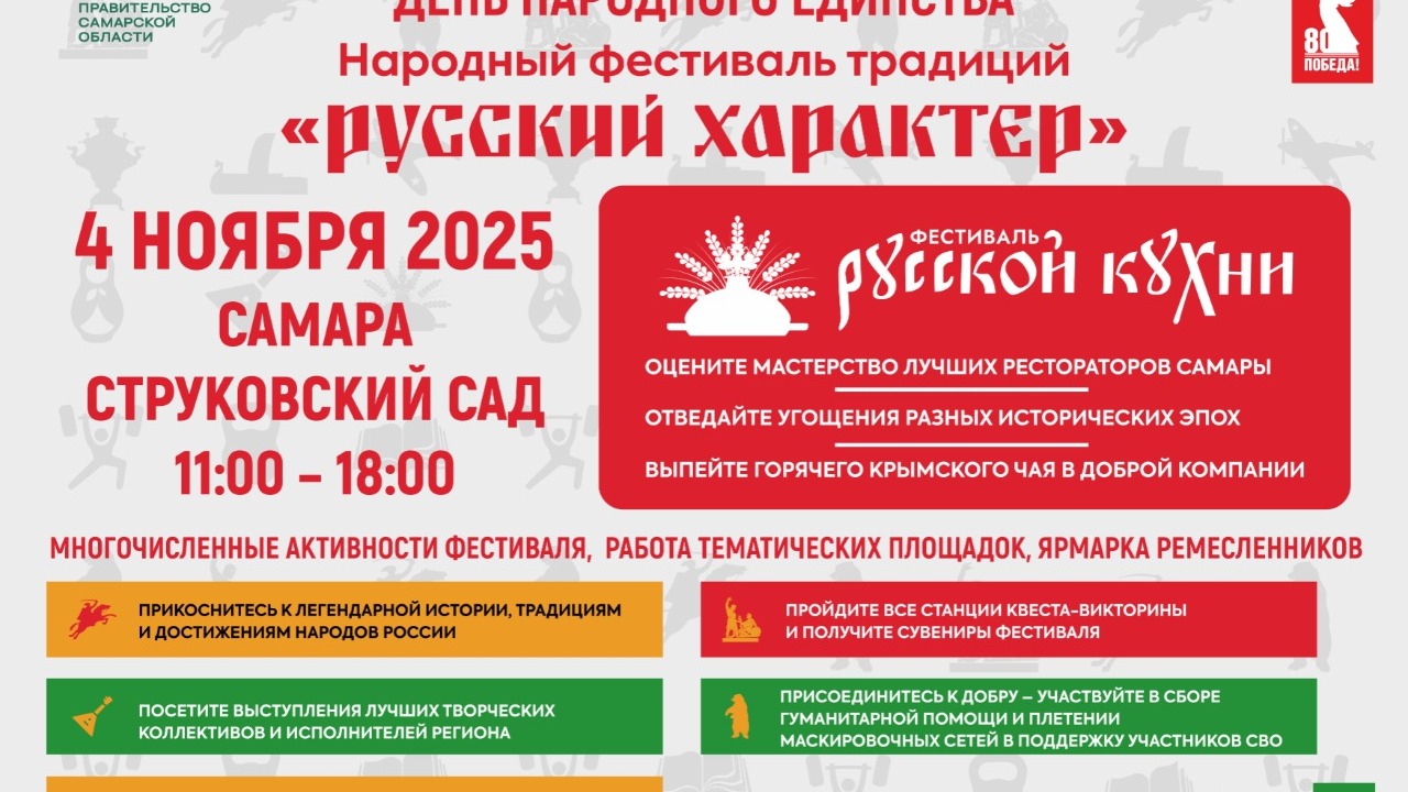 Самарцев и гостей города приглашают на фестиваль «Русский характер» в Струковском саду 4 ноября, в День народного единства, в Струковс...